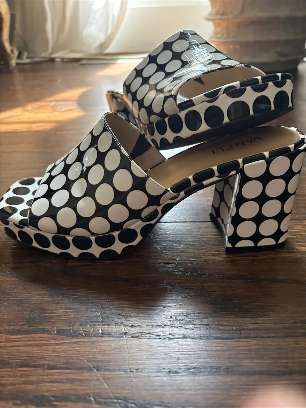 Polka Dot Block Heel Slide Sandals - Black & White